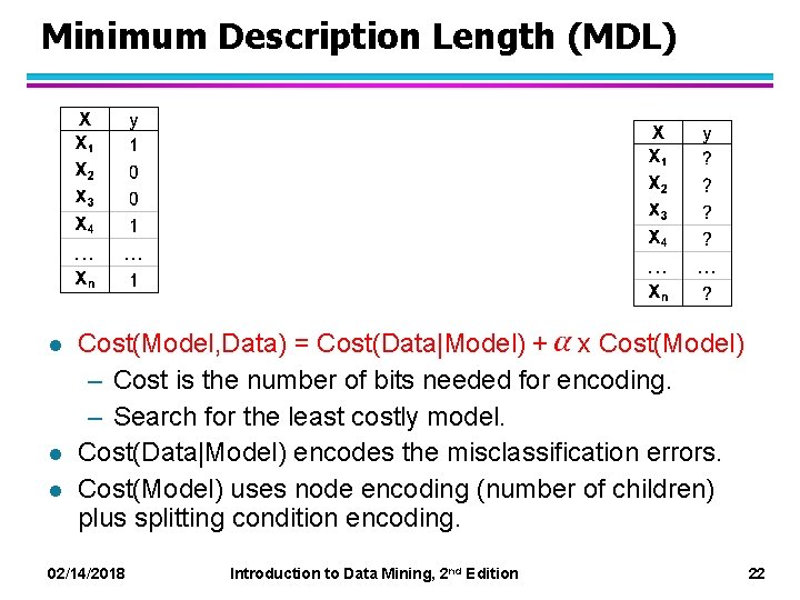 Minimum Description Length (MDL) l l l Cost(Model, Data) = Cost(Data|Model) + x Cost(Model)