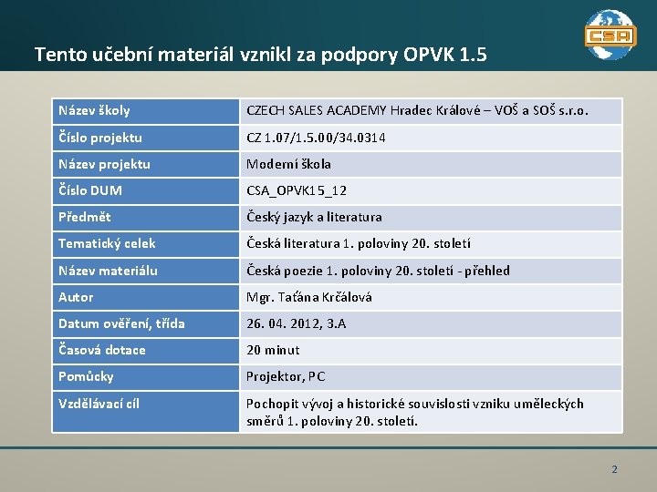 Tento učební materiál vznikl za podpory OPVK 1. 5 Název školy CZECH SALES ACADEMY