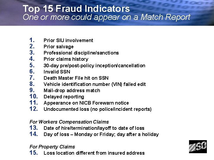 Top 15 Fraud Indicators One or more could appear on a Match Report 1.
