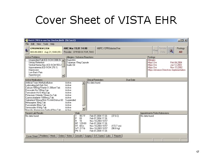 Cover Sheet of VISTA EHR 17 