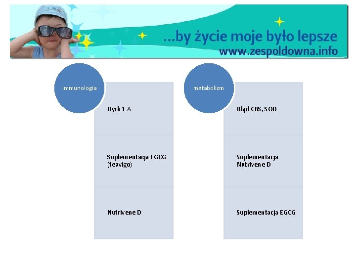 immunologia metabolizm Dyrk 1 A Błąd CBS, SOD Suplementacja EGCG (teavigo) Suplementacja Nutrivene D