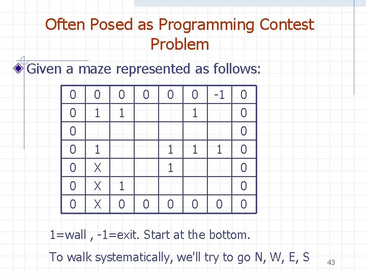 Often Posed as Programming Contest Problem Given a maze represented as follows: 0 0