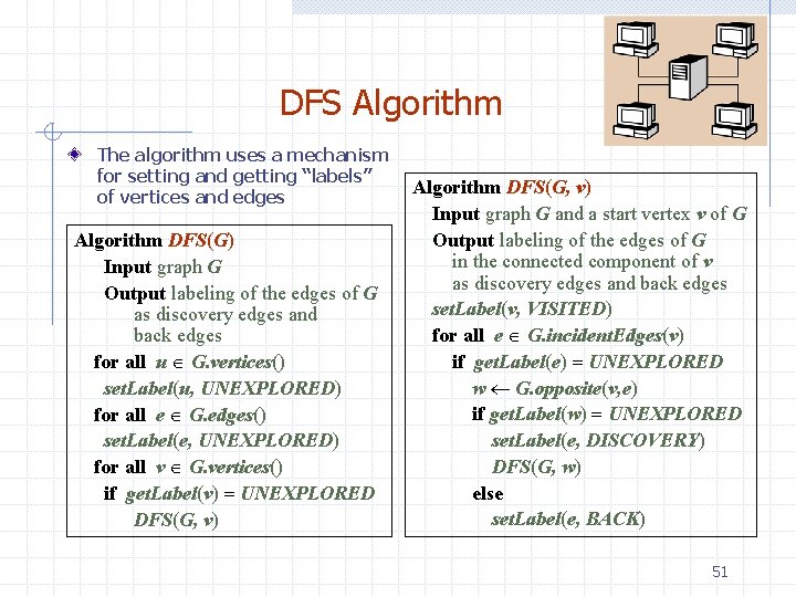 DFS Algorithm The algorithm uses a mechanism for setting and getting “labels” of vertices