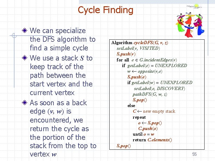 Cycle Finding We can specialize the DFS algorithm to find a simple cycle We