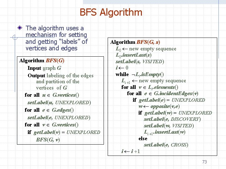 BFS Algorithm The algorithm uses a mechanism for setting and getting “labels” of vertices