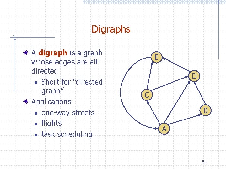 Digraphs A digraph is a graph whose edges are all directed n Short for