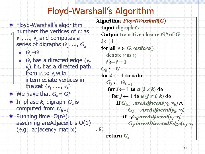 Floyd-Warshall’s Algorithm Floyd. Warshall(G) Floyd-Warshall’s algorithm Input digraph G numbers the vertices of G