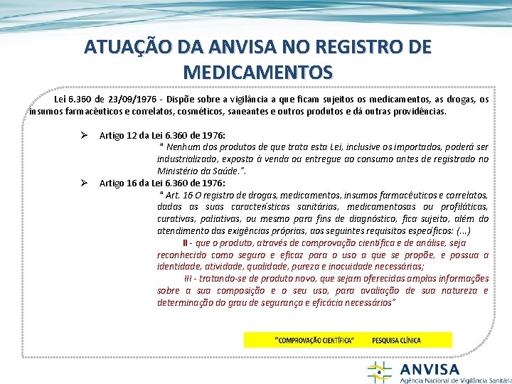 ATUAÇÃO DA ANVISA NO REGISTRO DE MEDICAMENTOS Lei 6. 360 de 23/09/1976 - Dispõe