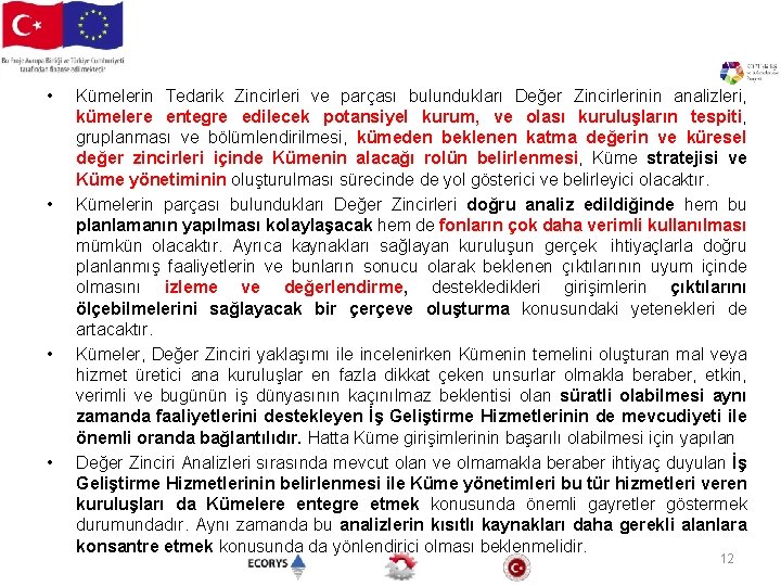  • • Kümelerin Tedarik Zincirleri ve parçası bulundukları Değer Zincirlerinin analizleri, kümelere entegre