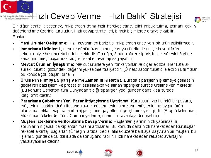 “Hızlı Cevap Verme - Hızlı Balık” Stratejisi Bir diğer stratejik seçenek, rakiplerden daha hızlı