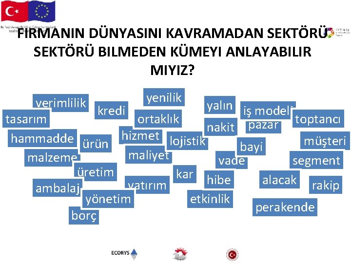 FIRMANIN DÜNYASINI KAVRAMADAN SEKTÖRÜ BILMEDEN KÜMEYI ANLAYABILIR MIYIZ? yenilik verimlilik yalın iş modeli kredi