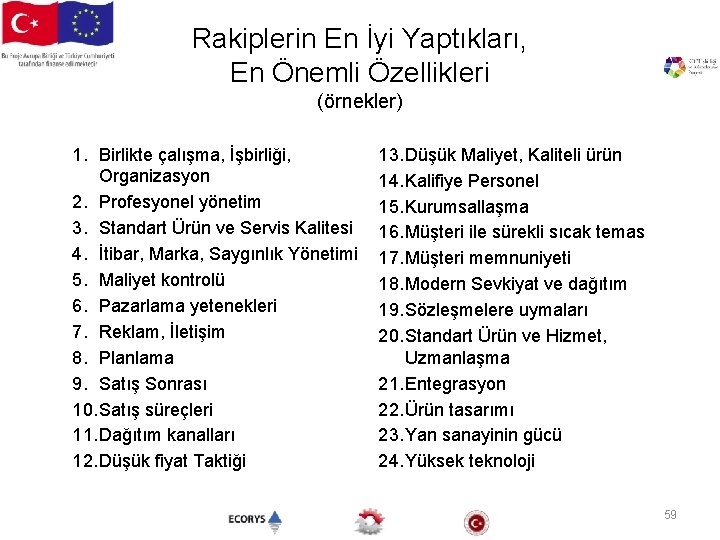 Rakiplerin En İyi Yaptıkları, En Önemli Özellikleri (örnekler) 1. Birlikte çalışma, İşbirliği, Organizasyon 2.