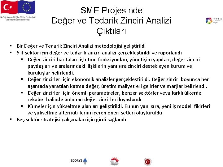 SME Projesinde Değer ve Tedarik Zinciri Analizi Çıktıları § Bir Değer ve Tedarik Zinciri