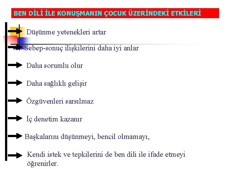 BEN DİLİ İLE KONUŞMANIN ÇOCUK ÜZERİNDEKİ ETKİLERİ Düşünme yetenekleri artar Sebep-sonuç ilişkilerini daha iyi