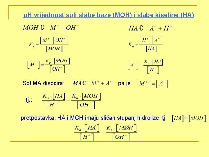 p. H vrijednost soli slabe baze (MOH) i slabe kiseline (HA) Sol MA disocira: