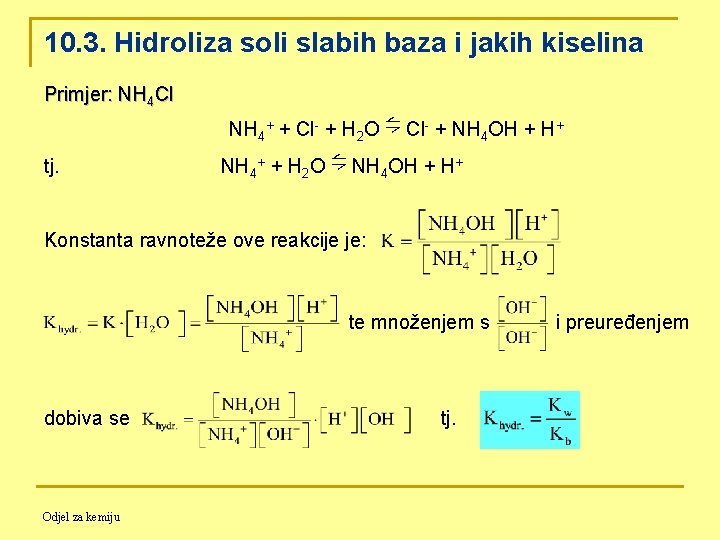 10. 3. Hidroliza soli slabih baza i jakih kiselina Primjer: NH 4 Cl NH