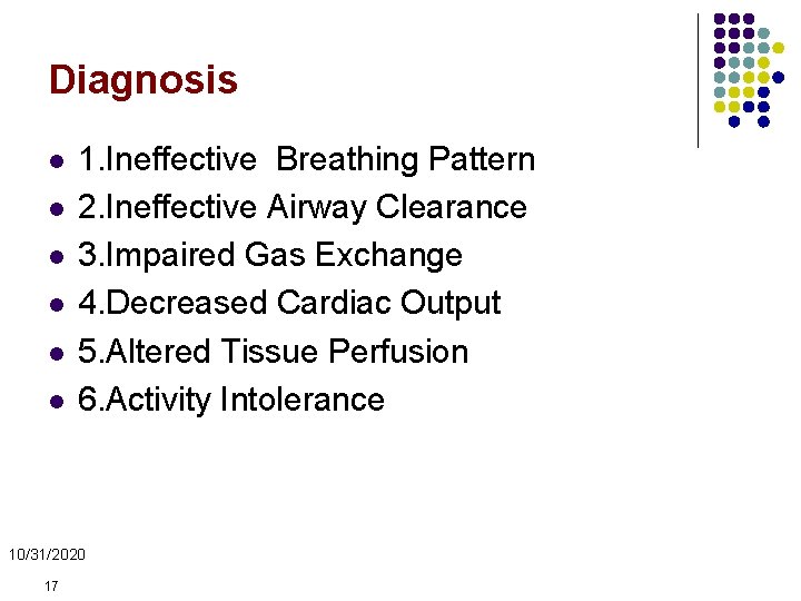 Diagnosis l l l 1. Ineffective Breathing Pattern 2. Ineffective Airway Clearance 3. Impaired