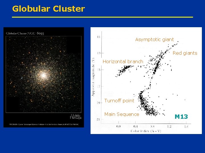 Globular Cluster Asymptotic giant Red giants Horizontal branch Turnoff point Main Sequence M 13