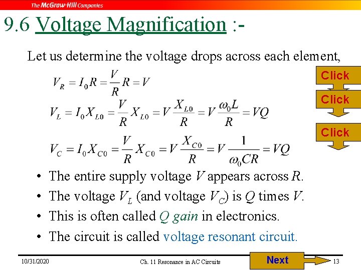 9. 6 Voltage Magnification : Let us determine the voltage drops across each element,