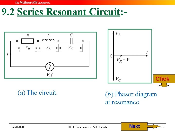 9. 2 Series Resonant Circuit: - Click (a) The circuit. 10/31/2020 (b) Phasor diagram