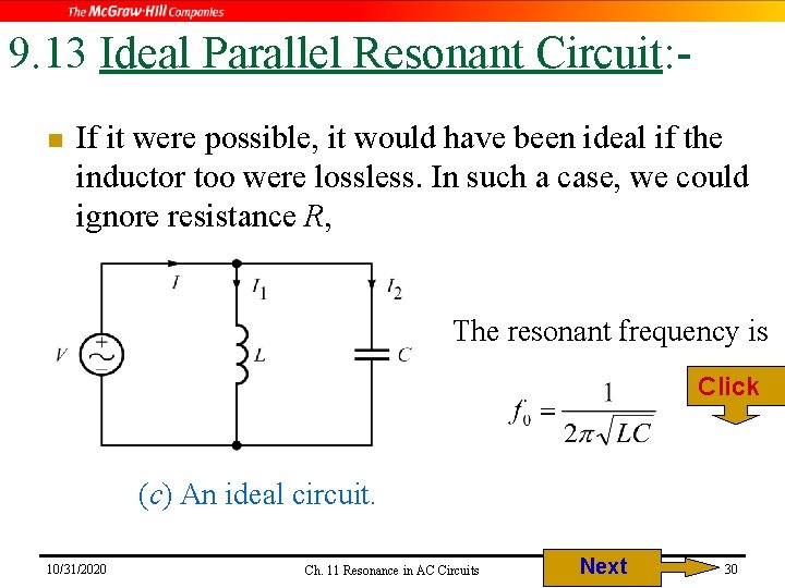 9. 13 Ideal Parallel Resonant Circuit: n If it were possible, it would have