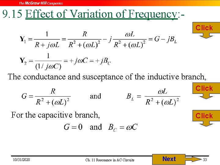 9. 15 Effect of Variation of Frequency: Click The conductance and susceptance of the