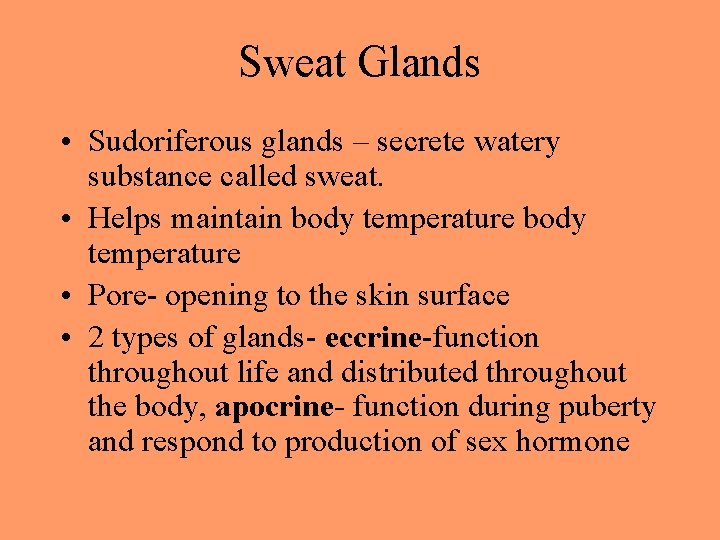 Sweat Glands • Sudoriferous glands – secrete watery substance called sweat. • Helps maintain Sweat Glands • Sudoriferous glands – secrete watery substance called sweat. • Helps maintain