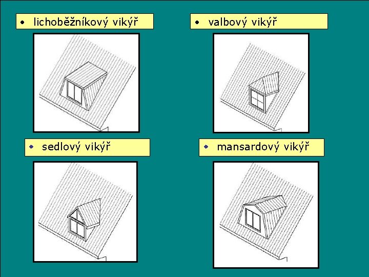  • lichoběžníkový vikýř w sedlový vikýř • valbový vikýř w mansardový vikýř 