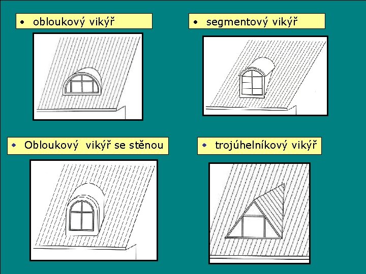 • obloukový vikýř w Obloukový vikýř se stěnou • segmentový vikýř w trojúhelníkový