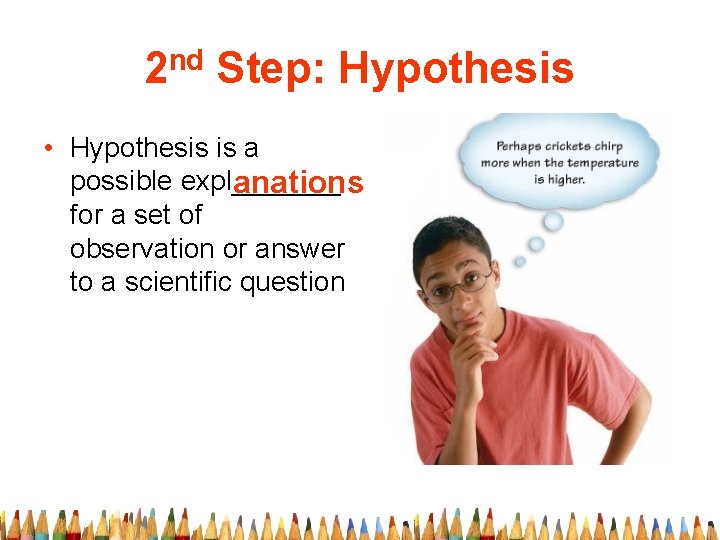 2 nd Step: Hypothesis • Hypothesis is a possible expl_______ anations for a set