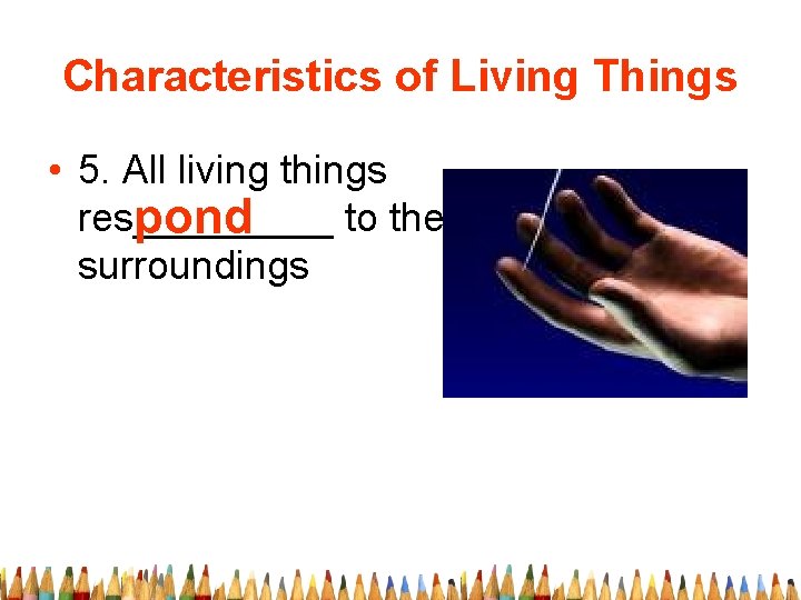 Characteristics of Living Things • 5. All living things res_____ to their pond surroundings