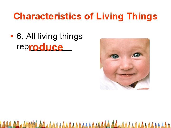 Characteristics of Living Things • 6. All living things rep_____ roduce 