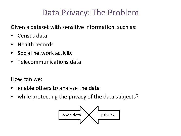 Data Privacy: The Problem Given a dataset with sensitive information, such as: • Census Data Privacy: The Problem Given a dataset with sensitive information, such as: • Census