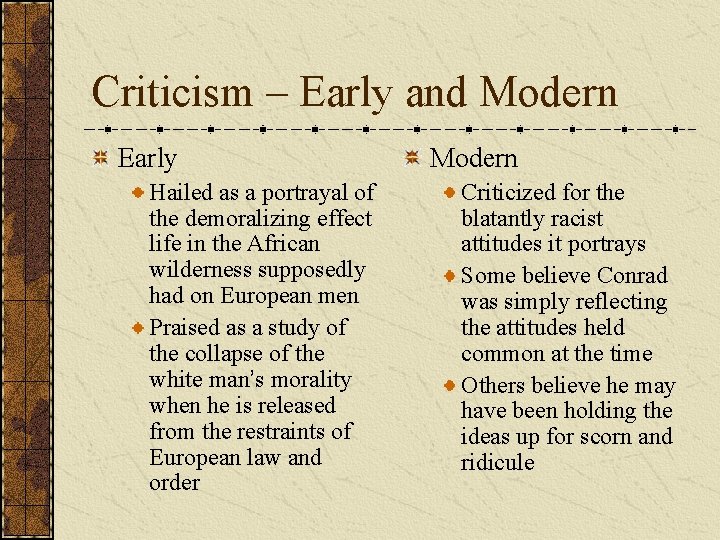 Criticism – Early and Modern Early Hailed as a portrayal of the demoralizing effect