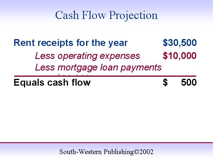 Cash Flow Projection Rent receipts for the year $30, 500 Less operating expenses $10,