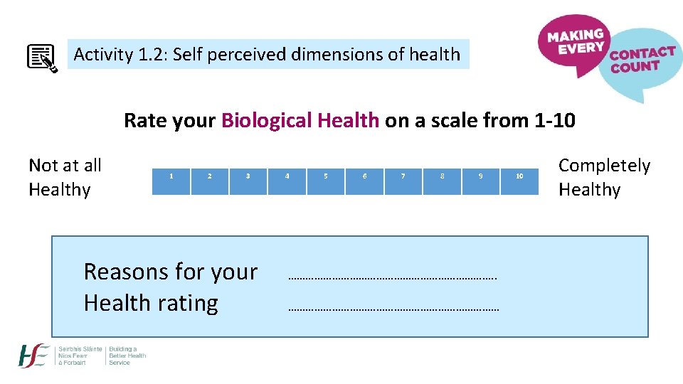 Activity 1. 2: Self perceived dimensions of health Rate your Biological Health on a