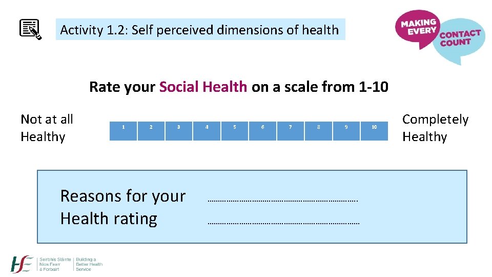 Activity 1. 2: Self perceived dimensions of health Rate your Social Health on a