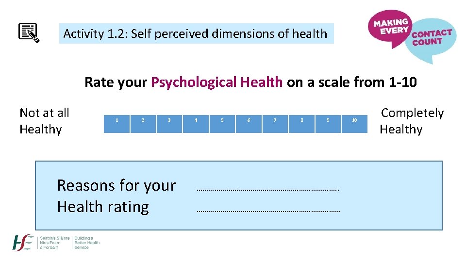 Activity 1. 2: Self perceived dimensions of health Rate your Psychological Health on a