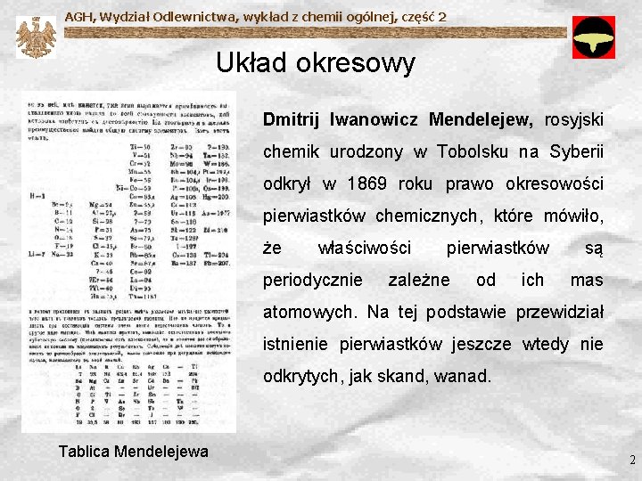 AGH, Wydział Odlewnictwa, wykład z chemii ogólnej, część 2 Układ okresowy Dmitrij Iwanowicz Mendelejew,