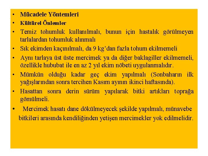  • Mücadele Yöntemleri • Kültürel Önlemler • Temiz tohumluk kullanılmalı, bunun için hastalık