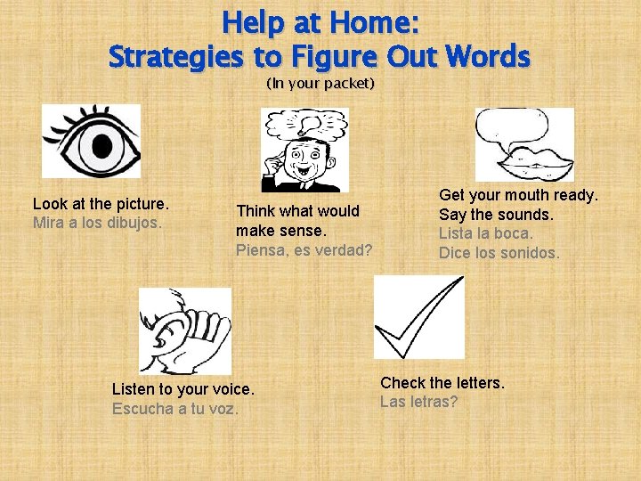 Help at Home: Strategies to Figure Out Words (In your packet) Look at the