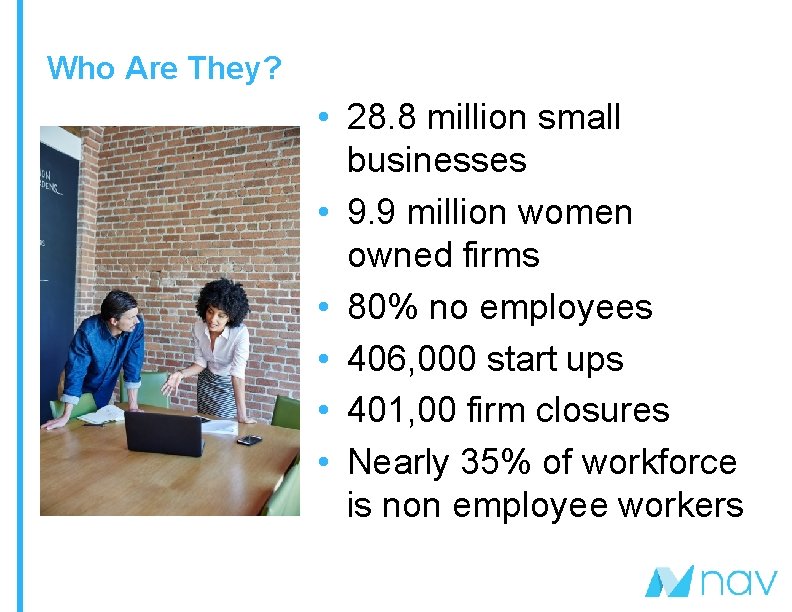 Who Are They? • 28. 8 million small businesses • 9. 9 million women