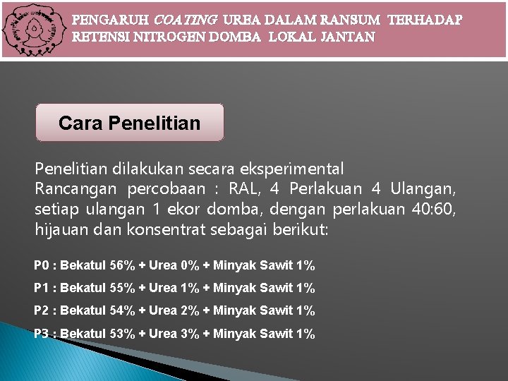 PENGARUH COATING UREA DALAM RANSUM TERHADAP RETENSI NITROGEN DOMBA LOKAL JANTAN Cara Penelitian dilakukan