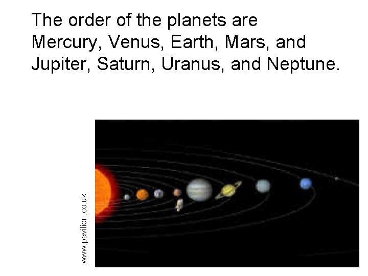 www. pavilion. co. uk The order of the planets are Mercury, Venus, Earth, Mars,