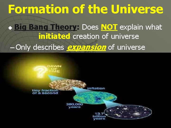 Formation of the Universe Big Bang Theory: Does NOT explain what initiated creation of