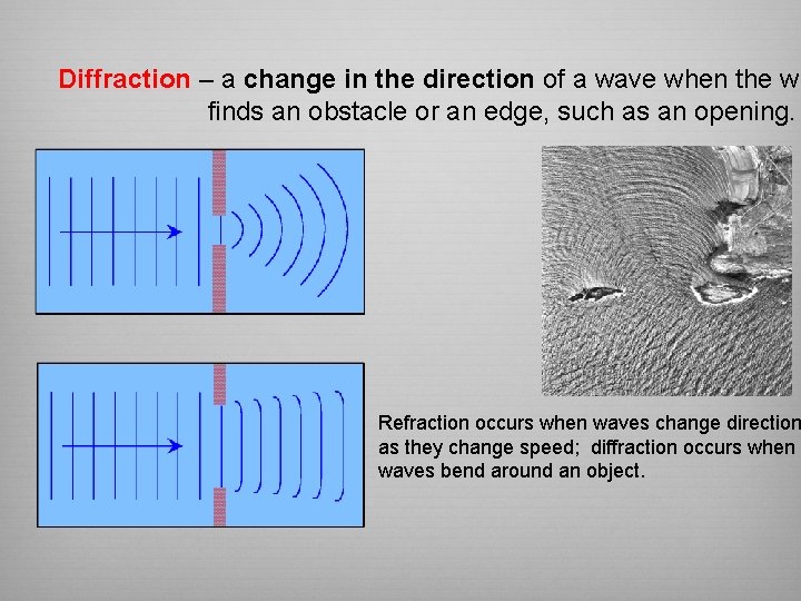 Diffraction – a change in the direction of a wave when the wa finds