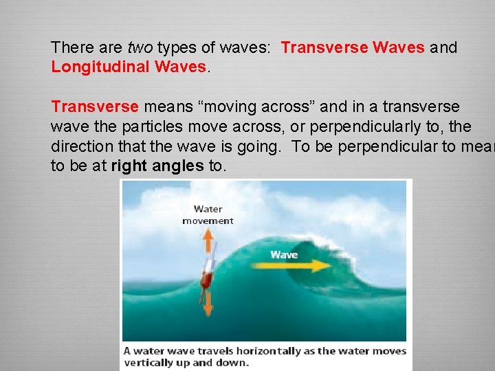 There are two types of waves: Transverse Waves and Longitudinal Waves. Transverse means “moving