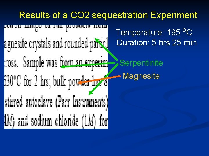 Results of a CO 2 sequestration Experiment Temperature: 195 o. C Duration: 5 hrs