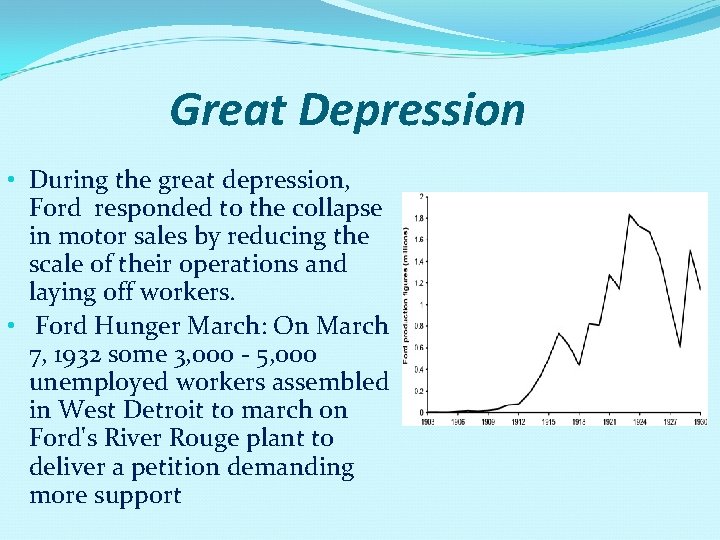Great Depression • During the great depression, Ford responded to the collapse in motor