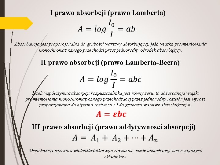 I prawo absorbcji (prawo Lamberta) Absorbancja jest proporcjonalna do grubości warstwy absorbującej, jeśli wiązka